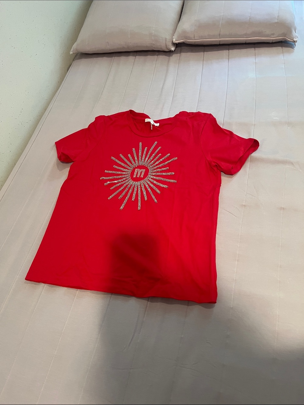 Maje Red Short-Sleeve Tee with Sparkling Sunburst
